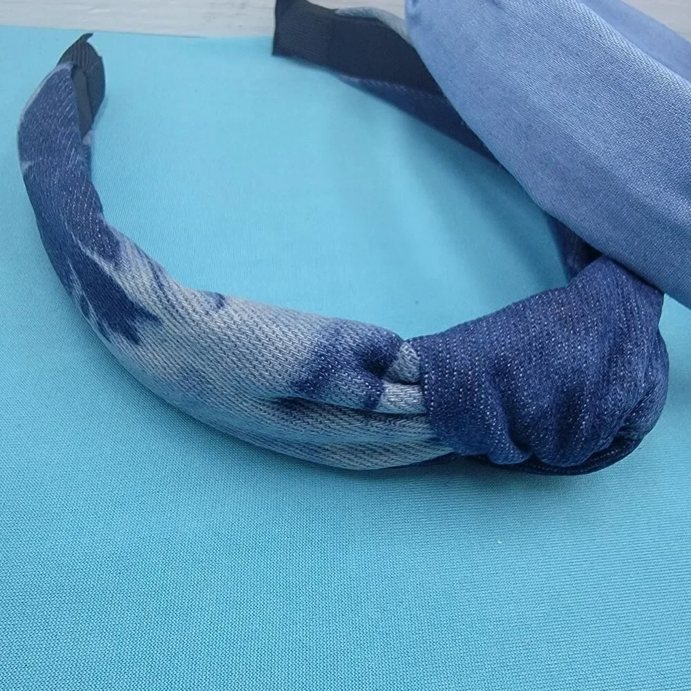 Lot Of 3 Blue Denim Turban Knot Head Band Fabric New W/ Tags Bonus Elastics